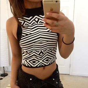 High neck abstract print crop top